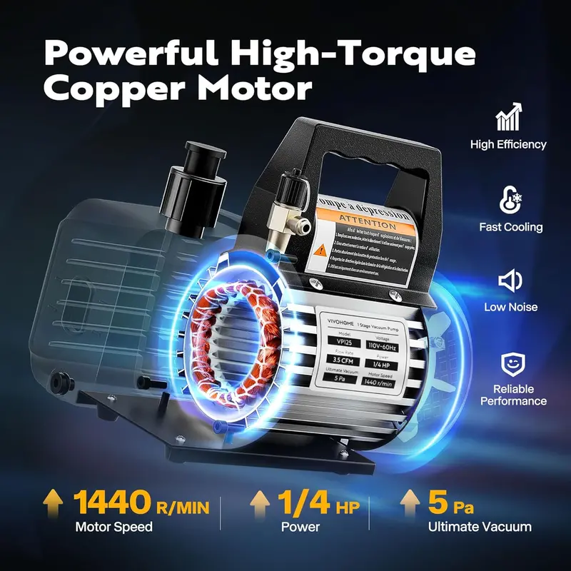 110V Rotary Vane HVAC Vacuum Pump Kit – Refrigerant Recovery Tool with Dual-Manifold Gauge Set and Digital Thermometer for R134a, R22, and R410a Systems