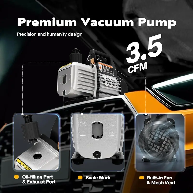 110V Rotary Vane HVAC Vacuum Pump Kit – Refrigerant Recovery Tool with Dual-Manifold Gauge Set and Digital Thermometer for R134a, R22, and R410a Systems