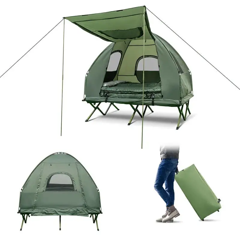 2-Person Portable Camping Tent Cot System with Inflatable Air Mattress and All-in-One Sleeping Bag