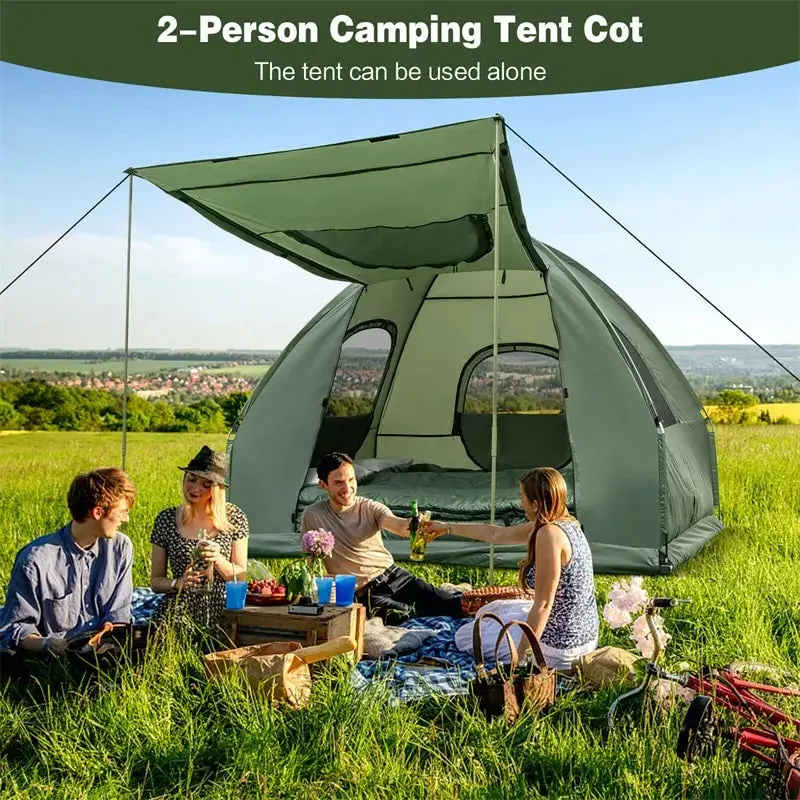 2-Person Portable Camping Tent Cot System with Inflatable Air Mattress and All-in-One Sleeping Bag