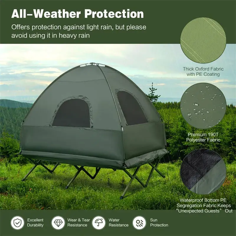 2-Person Portable Camping Tent Cot System with Inflatable Air Mattress and All-in-One Sleeping Bag