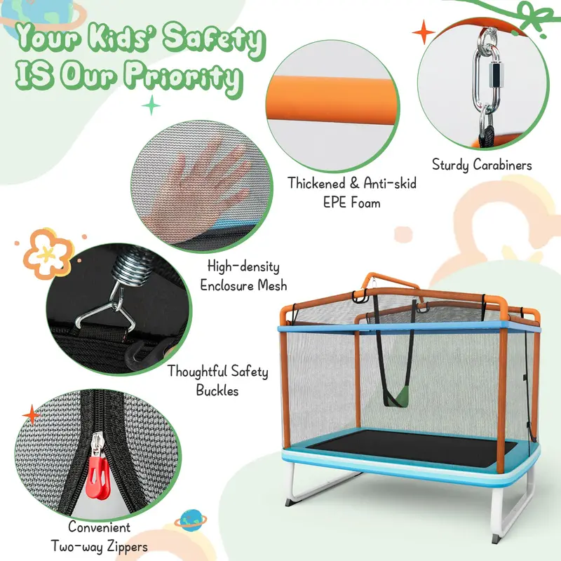 3-in-1 Toddler Trampoline with Bounce Pad, Swing Seat, and Pull-Up Bar