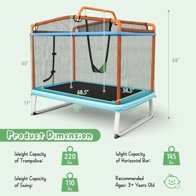 3-in-1 Toddler Trampoline with Bounce Pad, Swing Seat, and Pull-Up Bar