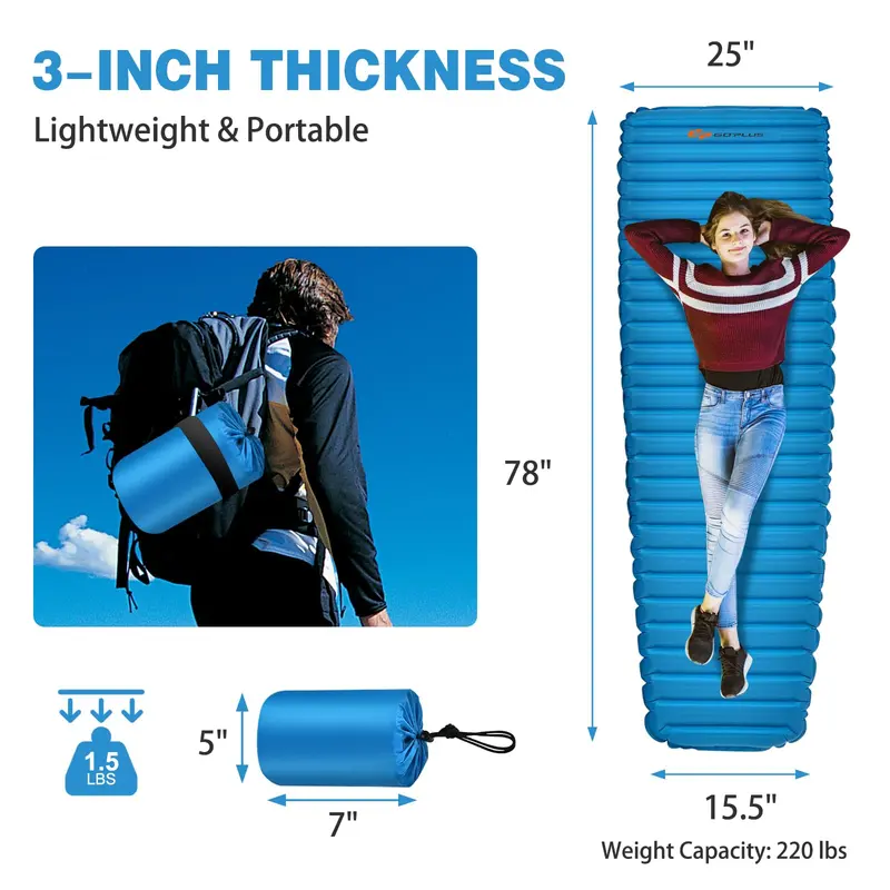 3-Inch Thick Inflatable Camping Pad — Waterproof Backpacking Air Mattress for Car and Trail Use