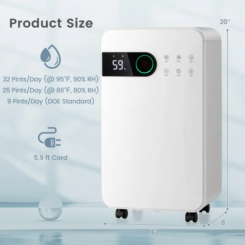 32-Pint Residential Dehumidifier Featuring Child Safety Lock, Quiet Sleep Mode, and Intuitive LED Status Display 2