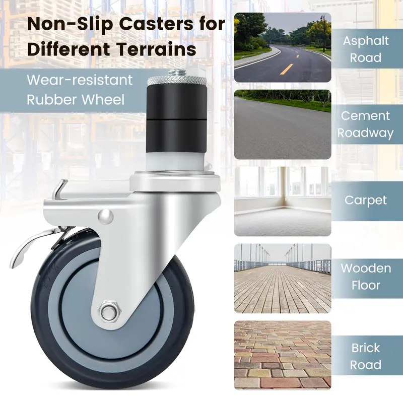 4-Inch Expandable Stem Caster Wheel Set – 4-Pack Including Two Locking Brake Casters