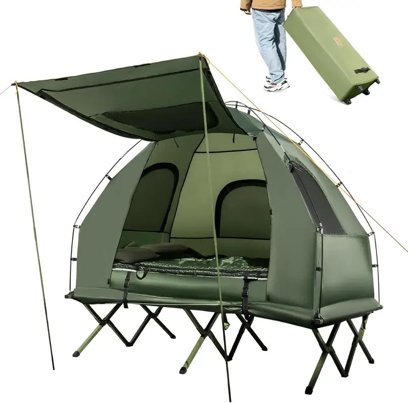 5-in-1 Elevated Camping Cot System – Includes Air Mattress, Pillow, Sleeping Bag & Weatherproof Shelter