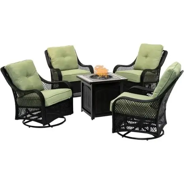 5-Piece Steel Fire Pit Conversation Set – Swiveling Glider Chairs, Square Center Table, and Navy Blue Cushioned Seating