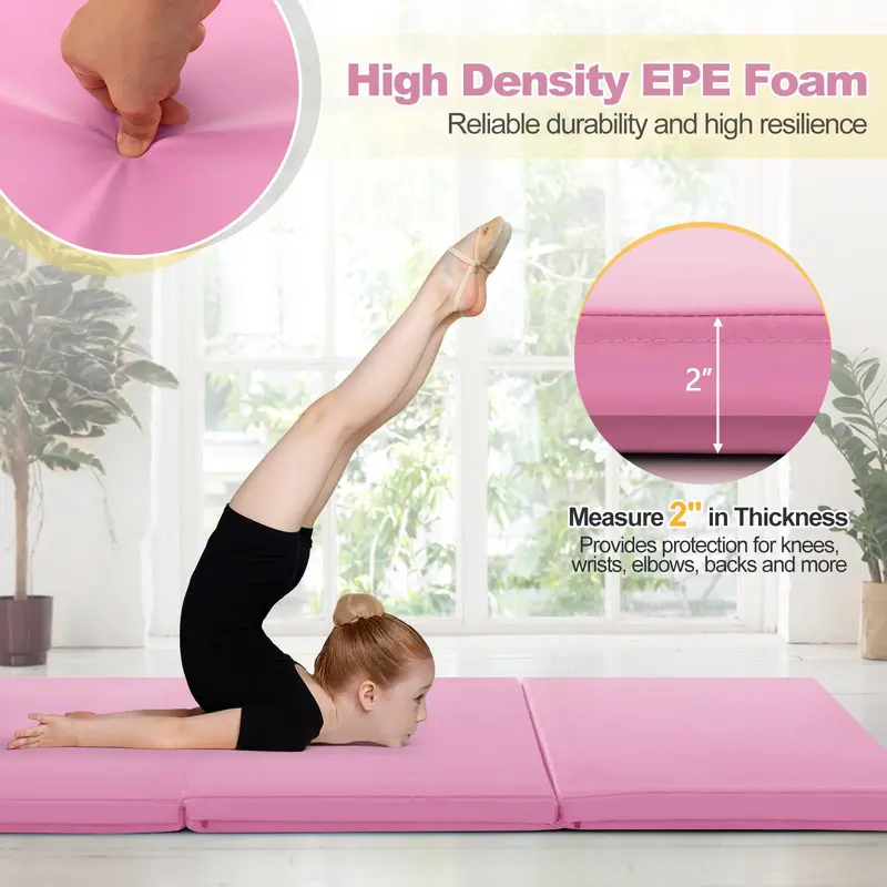 6' × 2' Tri-Fold Exercise Mat – 2-Inch Firm Foam Tumbling Surface with Seamless Integrated Handles