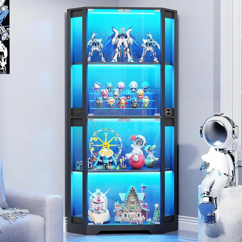 65-Inch Lighted Curio Cabinet – Glass-Door Display Case with Adjustable 3-Color LED Lighting and Motion Sensor