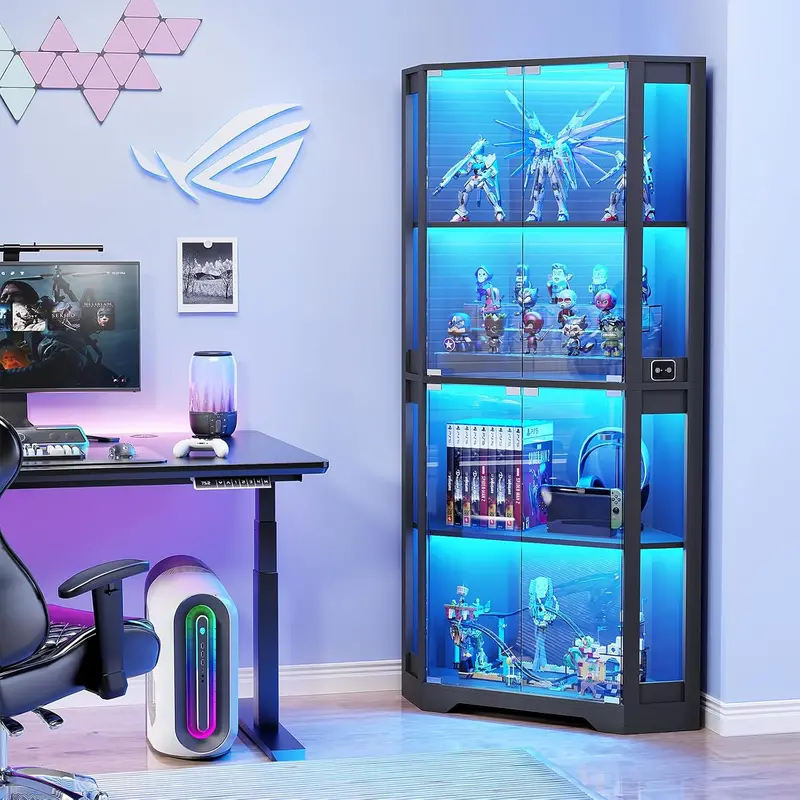 65-Inch Lighted Curio Cabinet – Glass-Door Display Case with Adjustable 3-Color LED Lighting and Motion Sensor