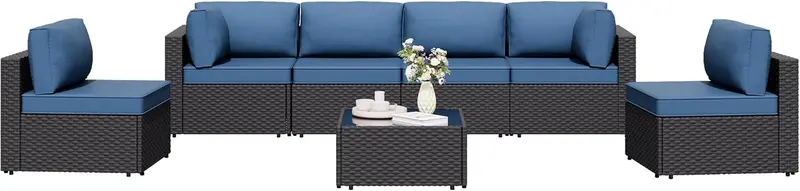 7-Piece Modular Wicker Patio Sectional – Garden-Ready Outdoor Sofa Set with Easy-Care Cushions and Center Coffee Table