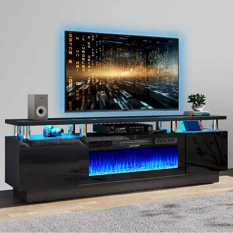 70-Inch TV Stand with Built-in Electric Fireplace – Media Console with Adjustable Shelving and Realistic Flame Effect
