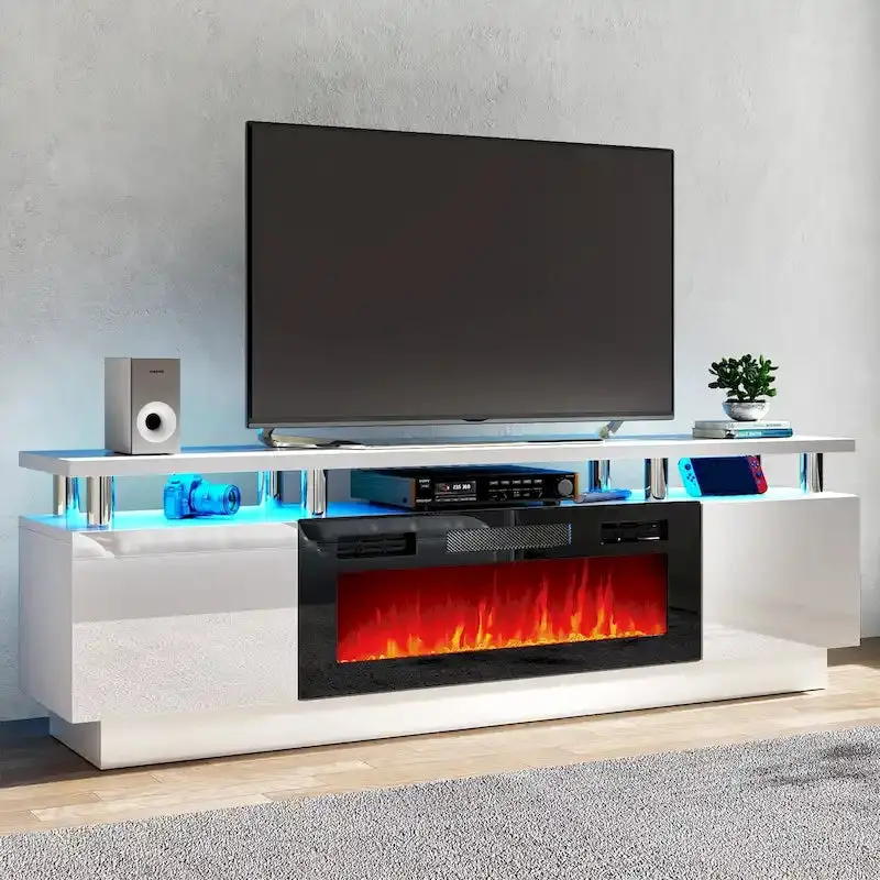 70-Inch TV Stand with Built-in Electric Fireplace – Media Console with Adjustable Shelving and Realistic Flame Effect 2