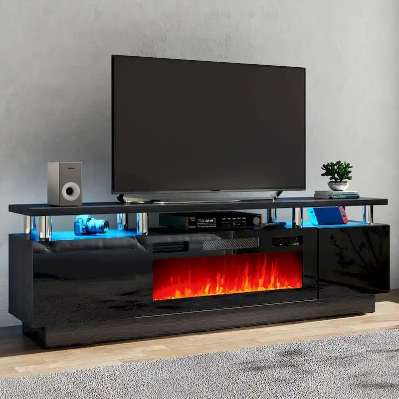 70-Inch TV Stand with Built-in Electric Fireplace – Media Console with Adjustable Shelving and Realistic Flame Effect