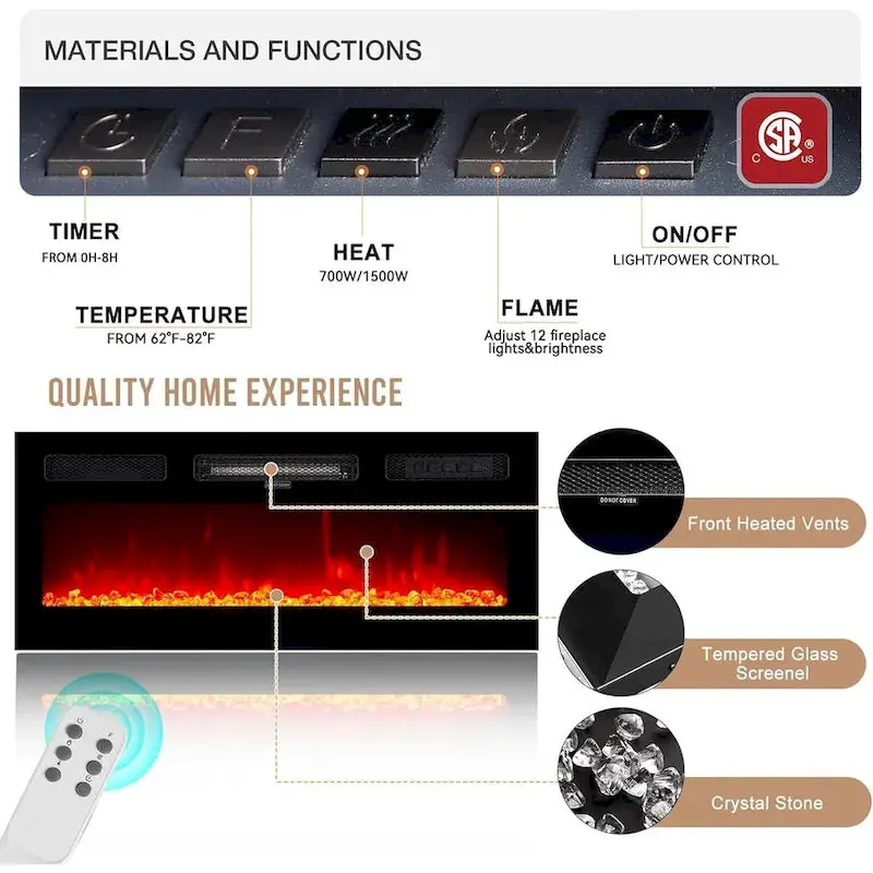 70-Inch TV Stand with Built-in Electric Fireplace – Media Console with Adjustable Shelving and Realistic Flame Effect