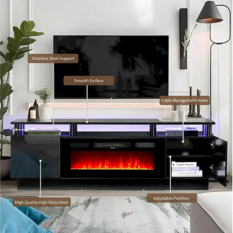 70-Inch TV Stand with Built-in Electric Fireplace – Media Console with Adjustable Shelving and Realistic Flame Effect