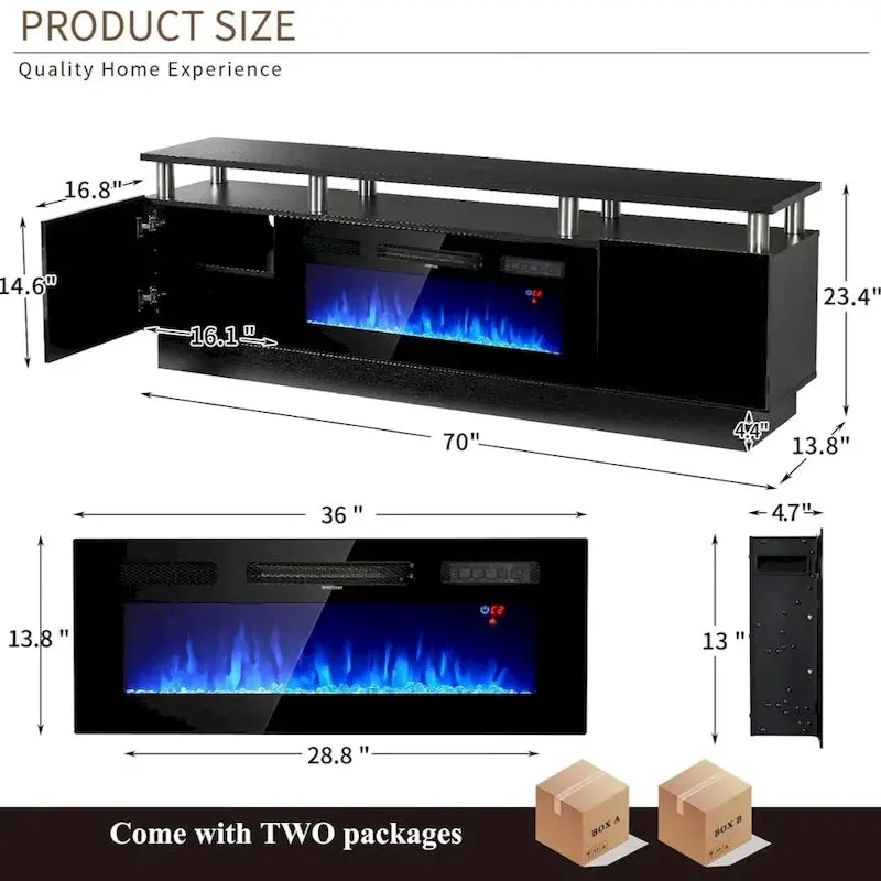 70-Inch TV Stand with Built-in Electric Fireplace – Media Console with Adjustable Shelving and Realistic Flame Effect