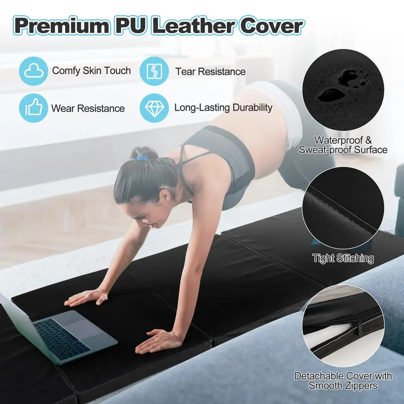8' × 4' Folding Gymnastics Mat – 2-Inch Thick High-Density Foam with Hook-and-Loop Closure and Ergonomic Carry Handles