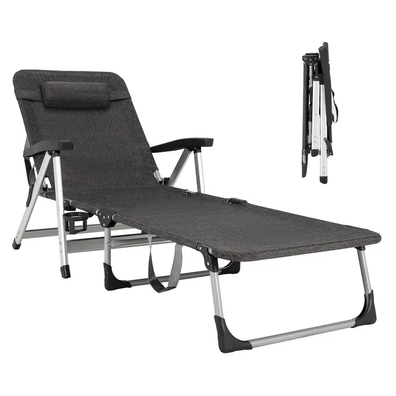 Adjustable Outdoor Chaise Lounge Chair – Features Cup Holder and Removable Headrest