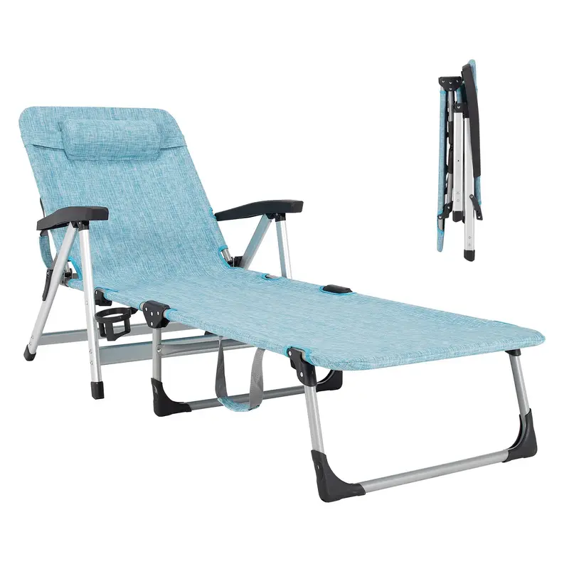 Adjustable Outdoor Chaise Lounge Chair – Features Cup Holder and Removable Headrest