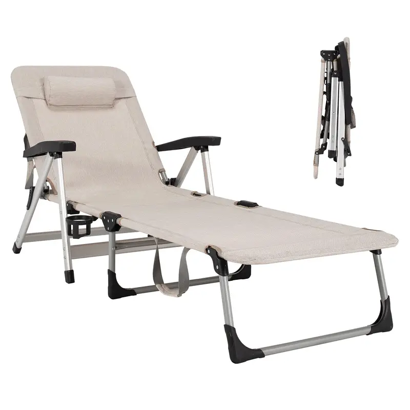 Adjustable Outdoor Chaise Lounge Chair – Features Cup Holder and Removable Headrest