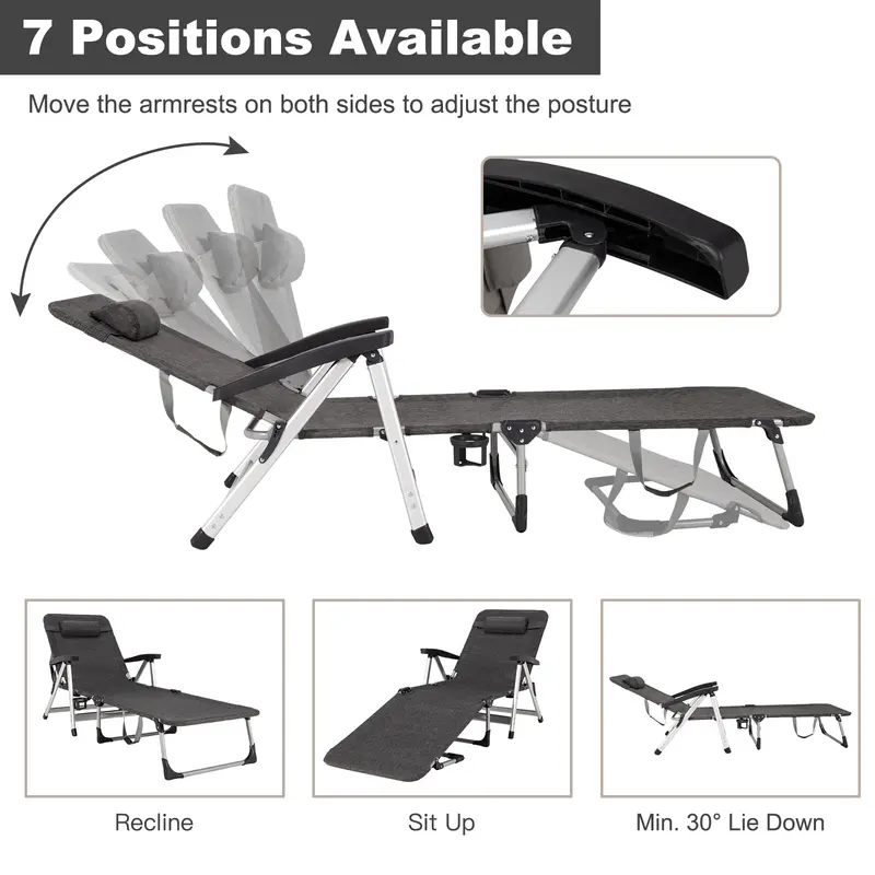 Adjustable Outdoor Chaise Lounge Chair – Features Cup Holder and Removable Headrest
