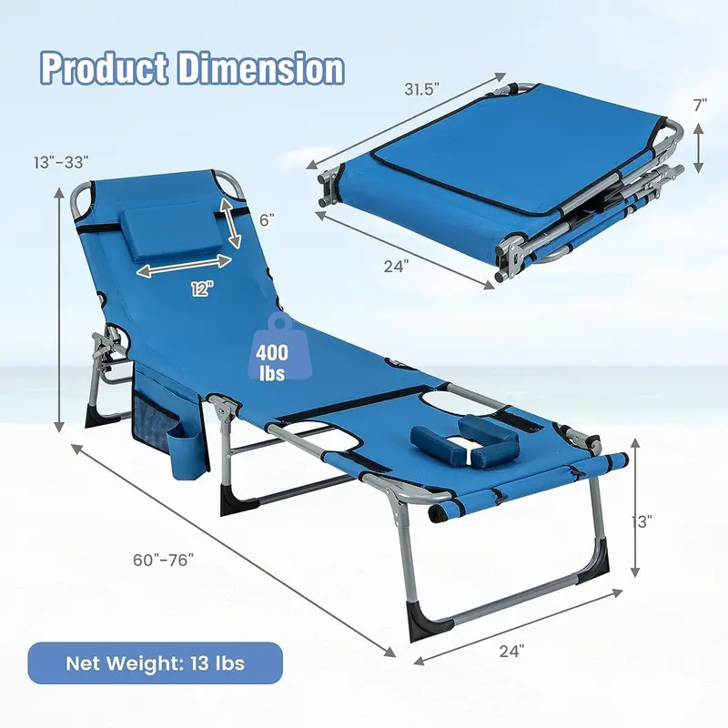 Adjustable Outdoor Lounge Chair – Five-Tier Recline, Sunbathing Cutouts, and Durable Construction