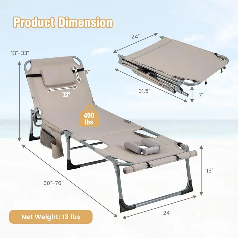 Adjustable Outdoor Lounge Chair – Five-Tier Recline, Sunbathing Cutouts, and Durable Construction