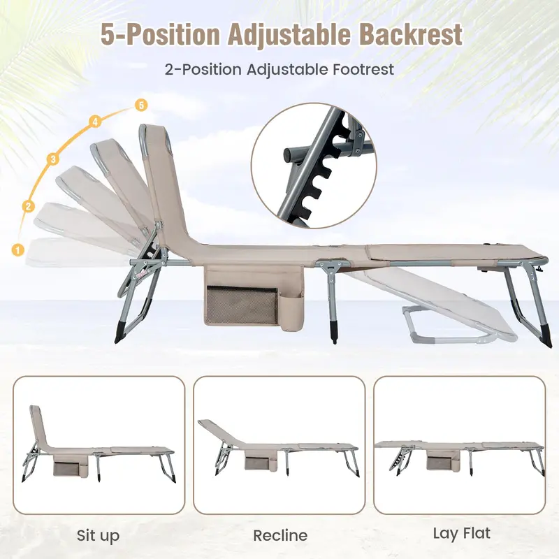 Adjustable Outdoor Lounge Chair – Five-Tier Recline, Sunbathing Cutouts, and Durable Construction