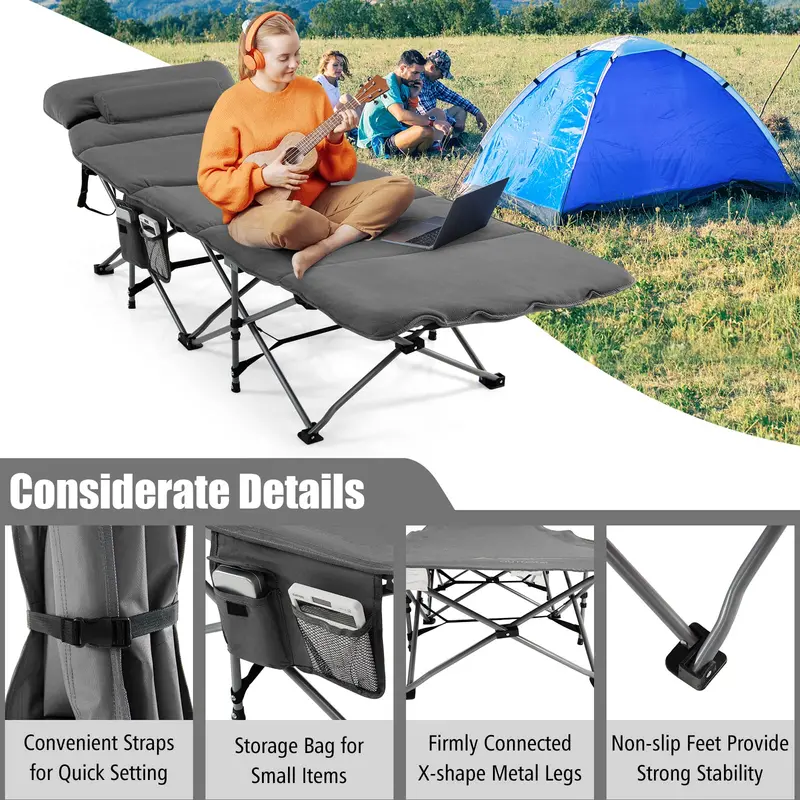 All-in-One Folding Camping Cot – Built-in Mattress and Pillow for Comfort On the Go
