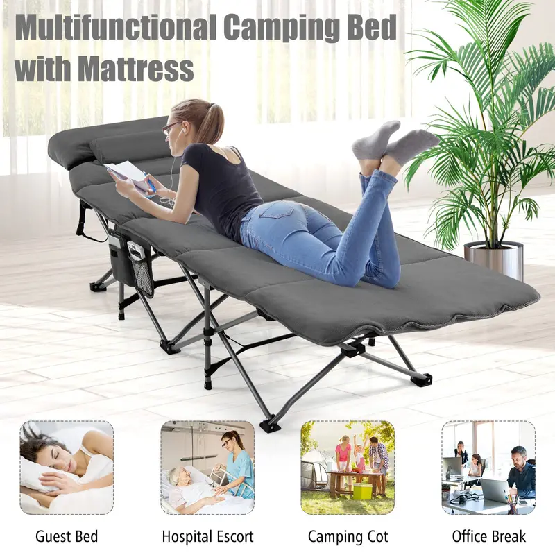All-in-One Folding Camping Cot – Built-in Mattress and Pillow for Comfort On the Go