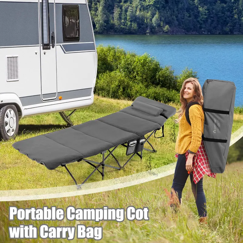 All-in-One Folding Camping Cot – Built-in Mattress and Pillow for Comfort On the Go