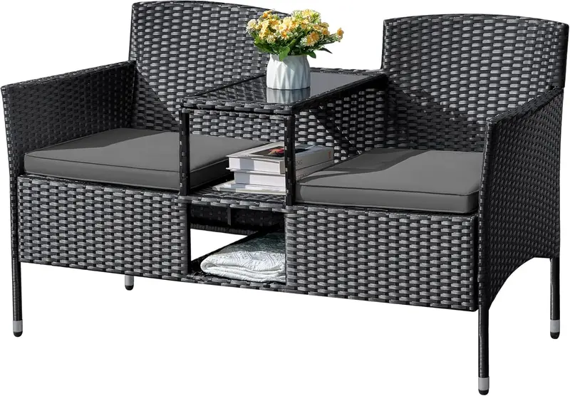 All-Weather Wicker Loveseat Set – Two-Seat Rattan Patio Bench with Center Table, Cushions, and Beige Finish