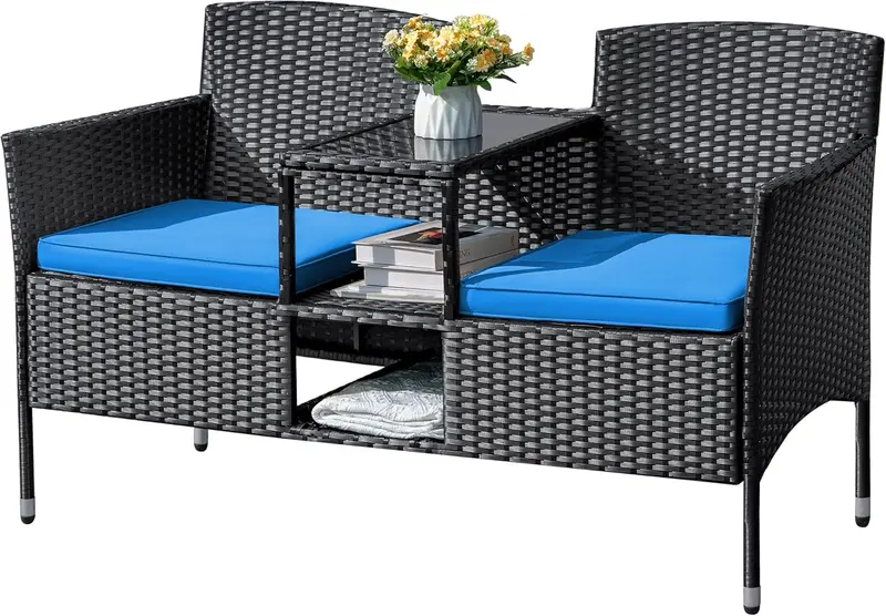 All-Weather Wicker Loveseat Set – Two-Seat Rattan Patio Bench with Center Table, Cushions, and Beige Finish