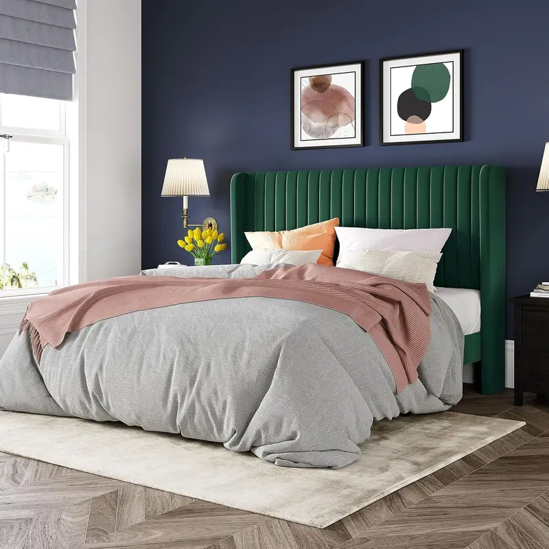 Allewie Full-Size Velvet Wingback Bed – Channel-Tufted Fabric Frame with Sculpted Vertical Winged Headboard