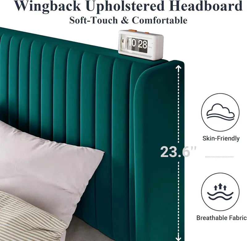 Allewie Full-Size Velvet Wingback Bed – Channel-Tufted Fabric Frame with Sculpted Vertical Winged Headboard