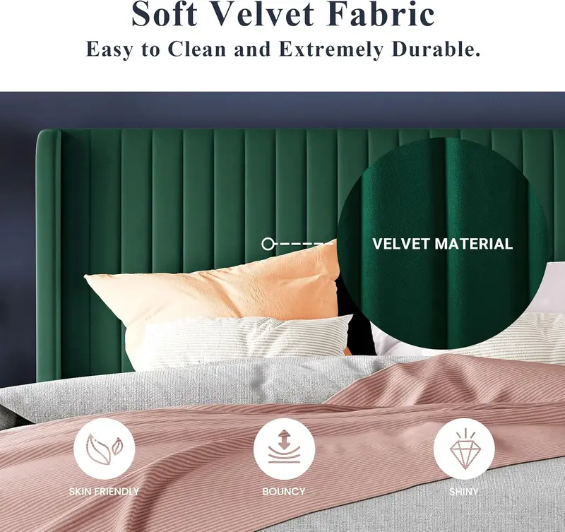 Allewie Full-Size Velvet Wingback Bed – Channel-Tufted Fabric Frame with Sculpted Vertical Winged Headboard