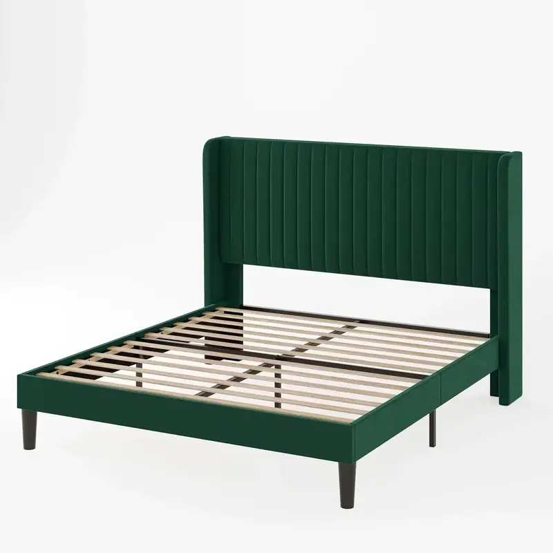 Allewie Full-Size Velvet Wingback Bed Featuring Vertical Channel Tufting and Premium Upholstered Finish
