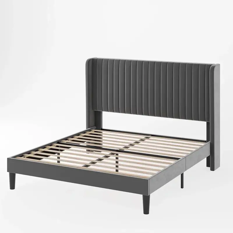 Allewie Full-Size Velvet Wingback Bed Featuring Vertical Channel Tufting and Premium Upholstered Finish