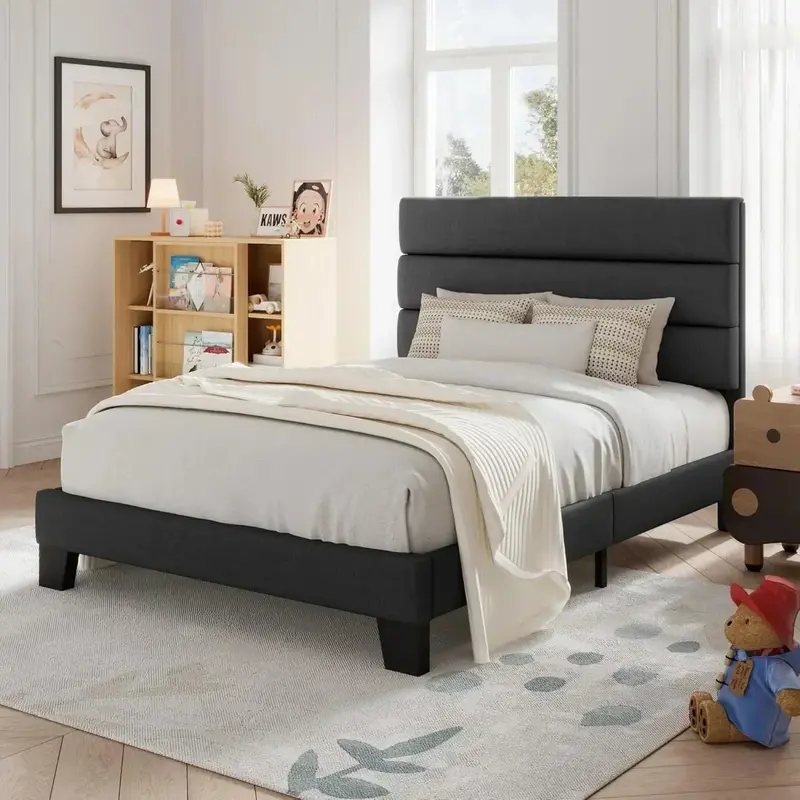Allewie King-Size Platform Bed Frame – Velvet-Upholstered Headboard with Reinforced Solid Wood Slats