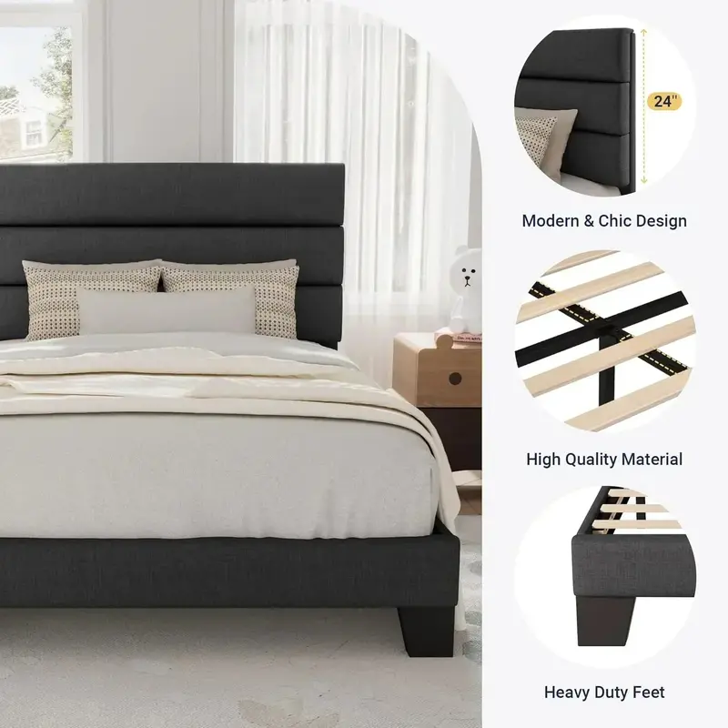 Allewie King-Size Platform Bed Frame – Velvet-Upholstered Headboard with Reinforced Solid Wood Slats