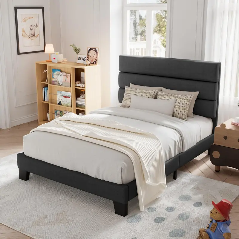 Allewie King-Size Platform Bed Frame – Velvet-Upholstered Headboard with Reinforced Solid Wood Slats