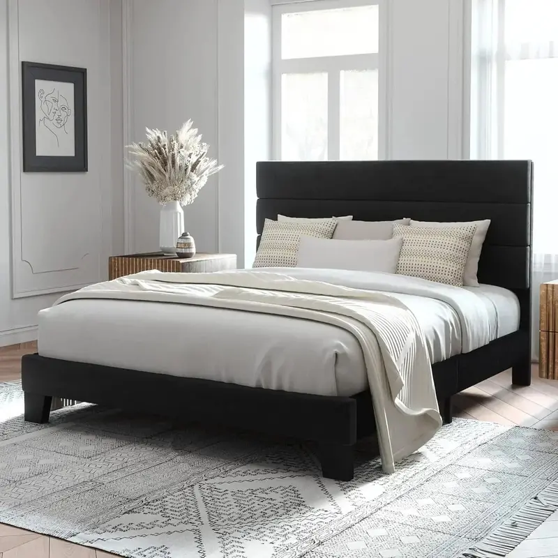 Allewie King-Size Platform Bed Frame – Velvet-Upholstered Headboard with Reinforced Solid Wood Slats