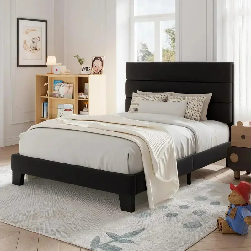 Allewie King-Size Platform Bed Frame – Velvet-Upholstered Headboard with Reinforced Solid Wood Slats