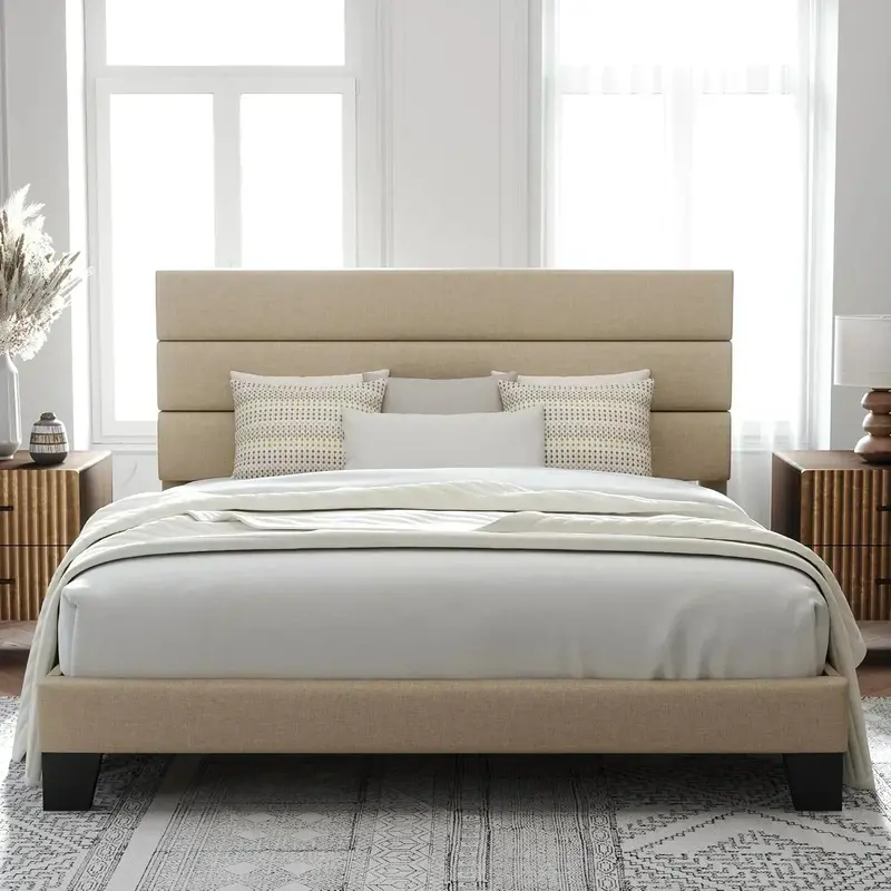 Allewie King-Size Platform Bed Frame – Velvet-Upholstered Headboard with Reinforced Solid Wood Slats