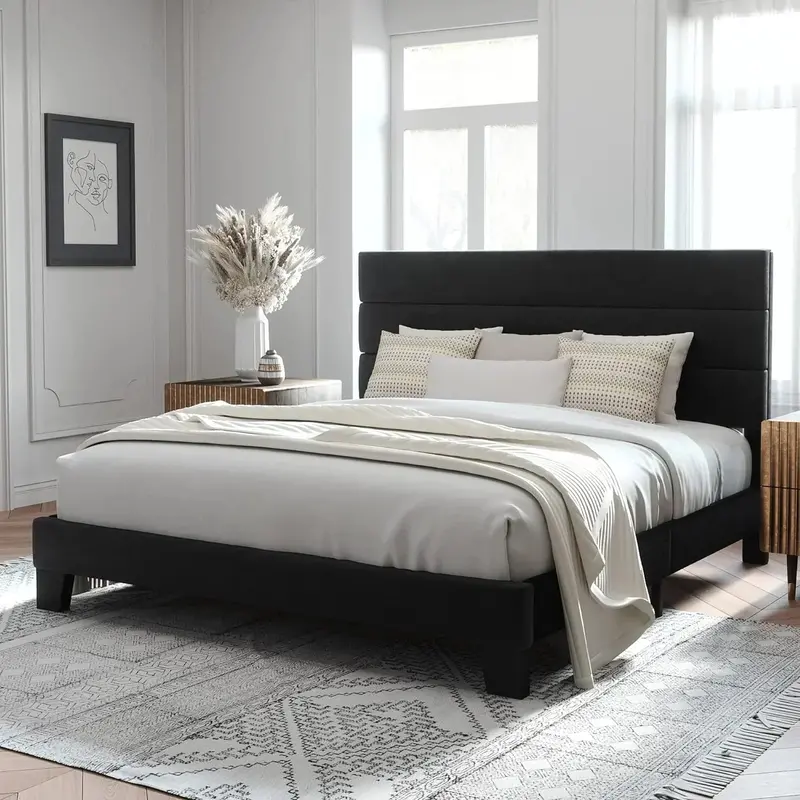 Allewie King-Size Platform Bed Frame – Velvet-Upholstered Headboard with Reinforced Solid Wood Slats