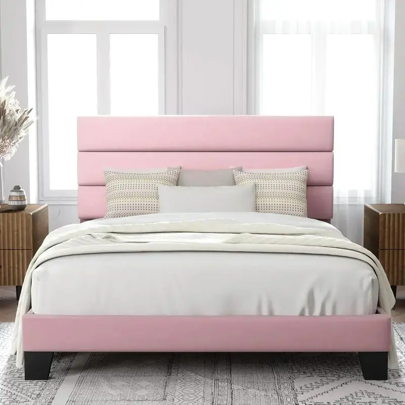 Allewie King-Size Platform Bed Frame – Velvet-Upholstered Headboard with Reinforced Solid Wood Slats