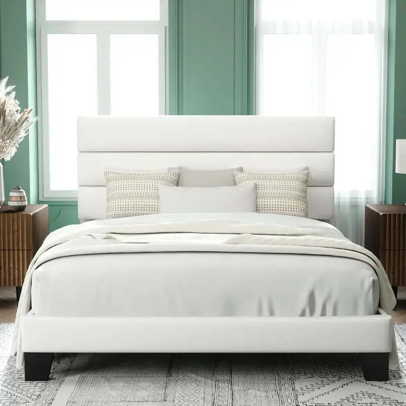 Allewie Queen Platform Bed Frame with Upholstered Headboard and Reinforced Solid Wood Slats