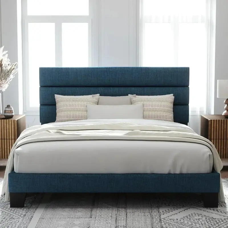 Allewie Queen Platform Bed Frame with Upholstered Headboard and Reinforced Solid Wood Slats